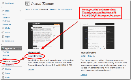 Install themes from Wordpress.org