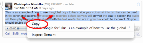 Copy transcribed text from google voice inbox